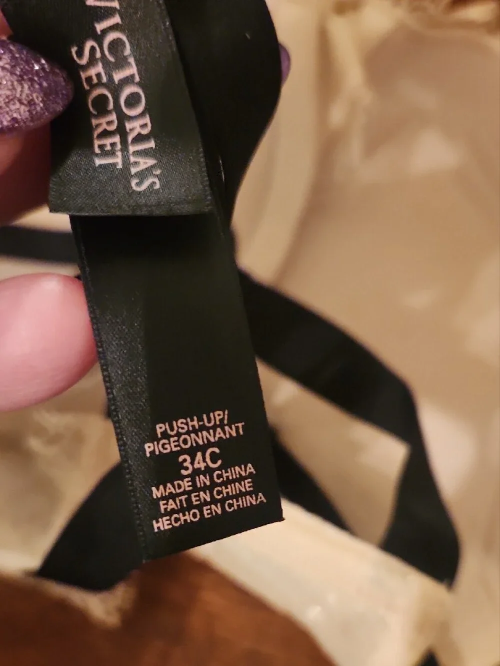 Victoria's Secret Champagne Lace Bra with Black Straps